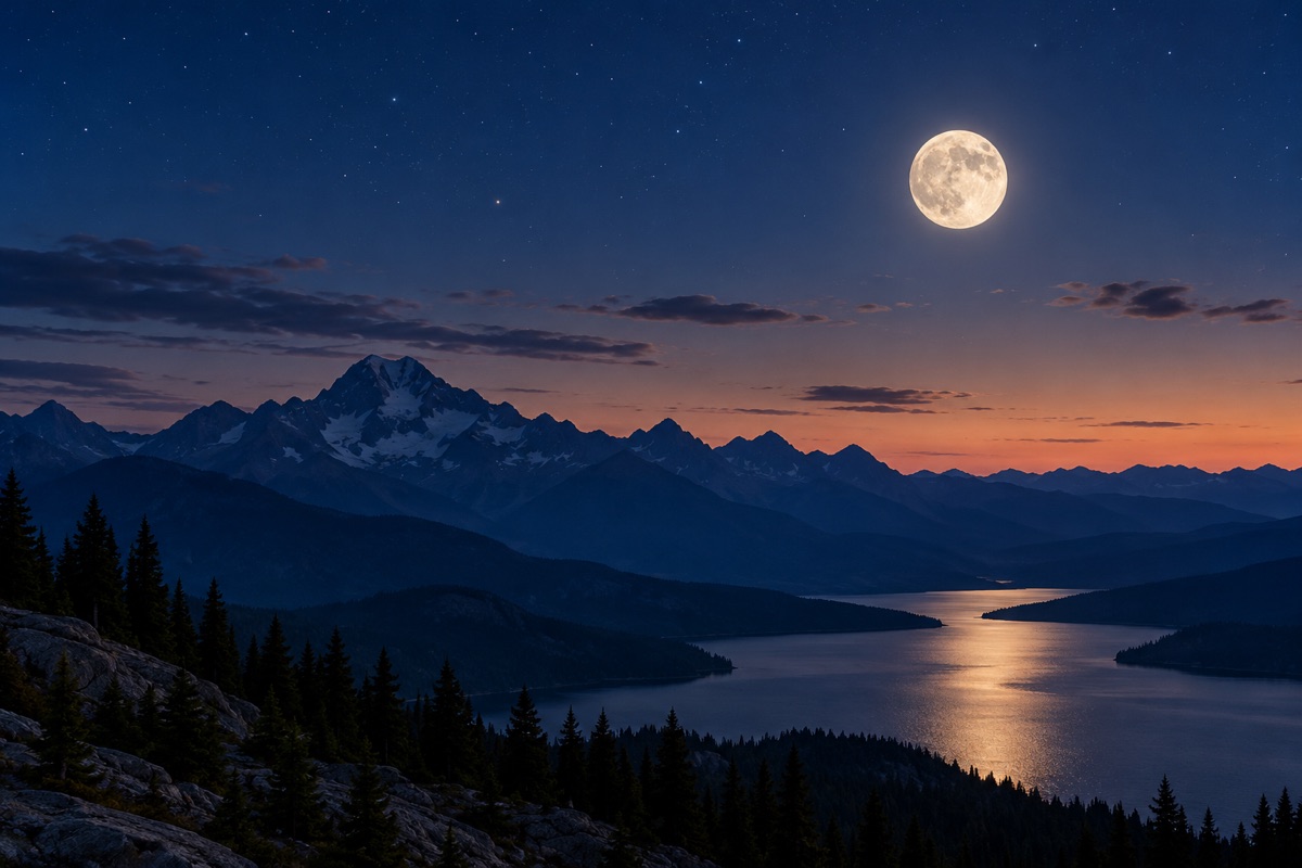 A luminous moon over mountain silhouettes in a deep blue night sky