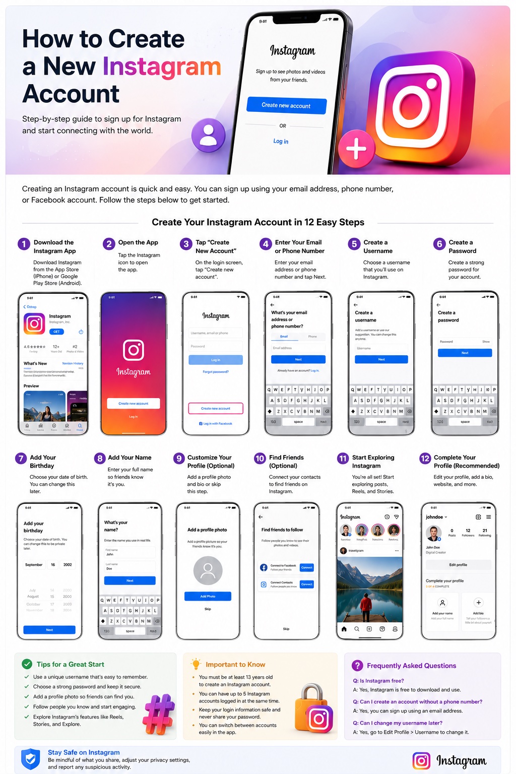 Infographic showing all 12 steps to create a new Instagram account, from downloading the app to completing your profile
