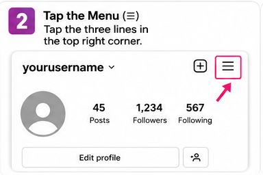Instagram profile page with an arrow pointing to the three-line menu icon in the top-right corner