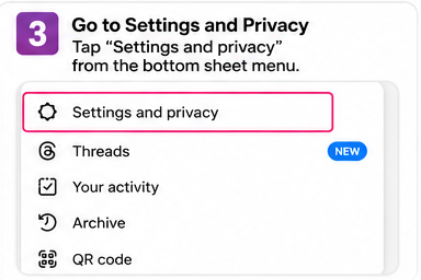 Instagram settings and privacy menu with Settings and privacy highlighted