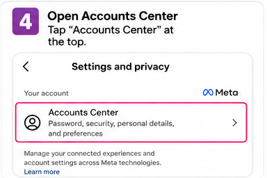 Instagram settings and privacy screen with Accounts Center highlighted