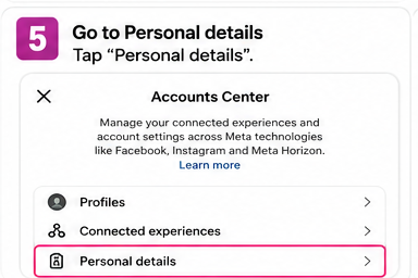 Meta Accounts Center menu with Personal details highlighted