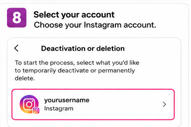 Deactivation or deletion screen with an Instagram profile highlighted for selection