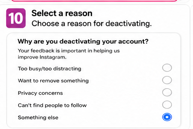 Instagram screen asking why you are deactivating your account, with reason options to choose from