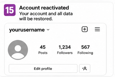 Instagram confirmation screen showing 'Account reactivated' with the profile and its data restored