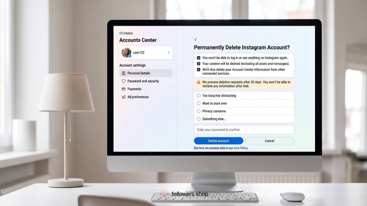 Instagram Accounts Center on a desktop browser showing the permanently delete account confirmation screen with checkboxes and a password field