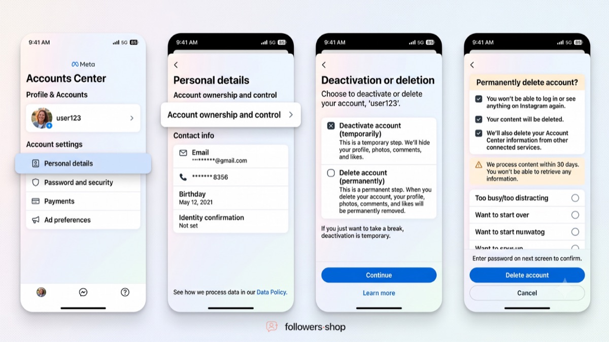 Four Instagram mobile screens showing the Accounts Center, personal details, deactivation or deletion choice, and the permanent delete confirmation step