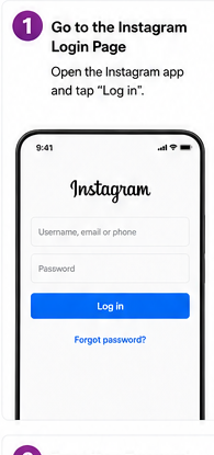 Instagram login screen with username, password fields and a Log in button