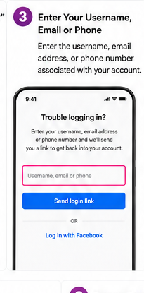 Instagram trouble logging in screen with a field for username, email or phone highlighted