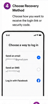 Instagram screen listing recovery options: send an email, send an SMS, or log in with Facebook