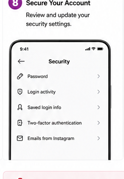 Instagram security settings menu with Password, Login activity, Saved login info, and Two-factor authentication