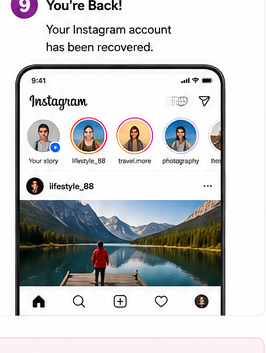 Instagram feed screen showing the account is back and accessible after recovery
