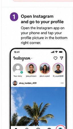 Instagram profile screen with an arrow pointing to the profile icon in the bottom-right corner