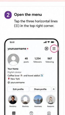Instagram profile screen with the three-line menu icon highlighted in the top-right corner