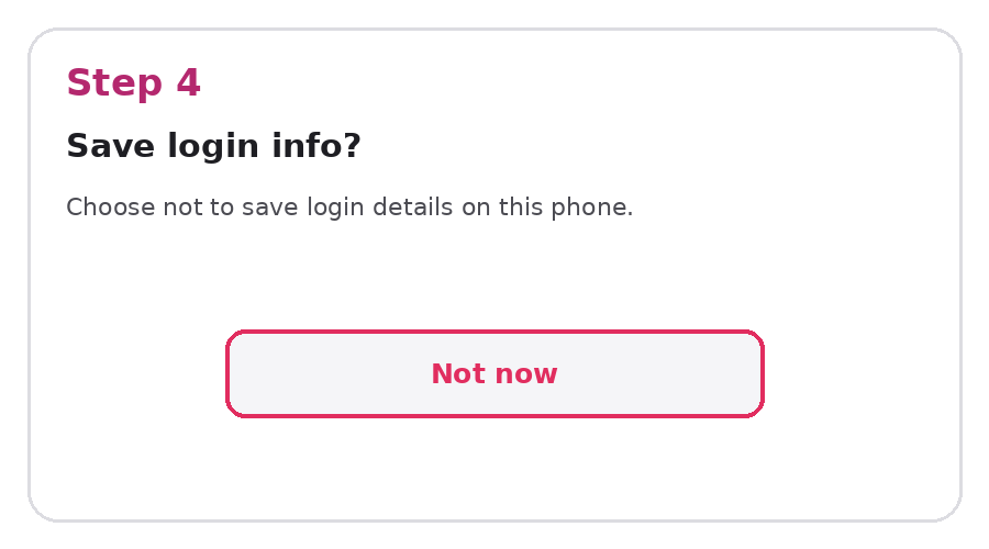 Instagram prompt asking whether to save login info, with a Not now button