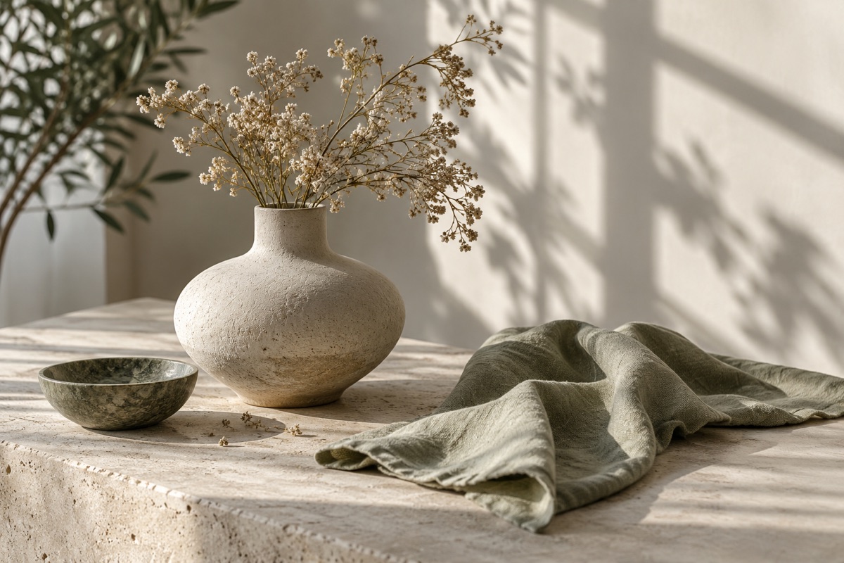 A ceramic vase, dried stems and linen on a pale table with soft window shadows