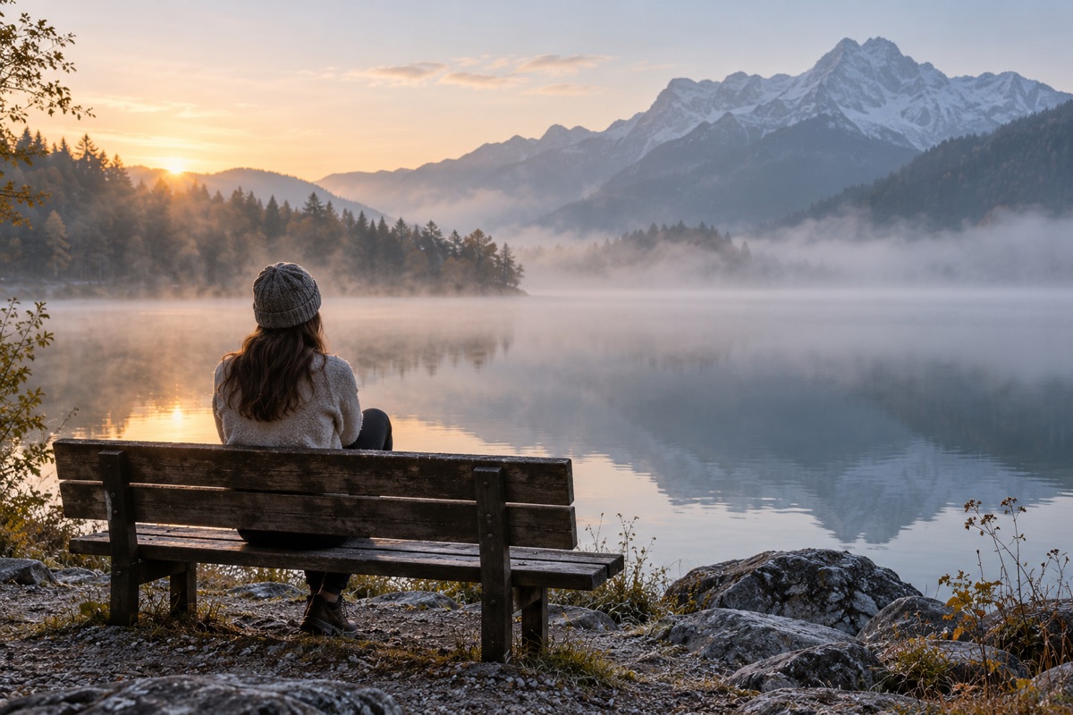 One person sitting quietly on a bench beside a misty lake