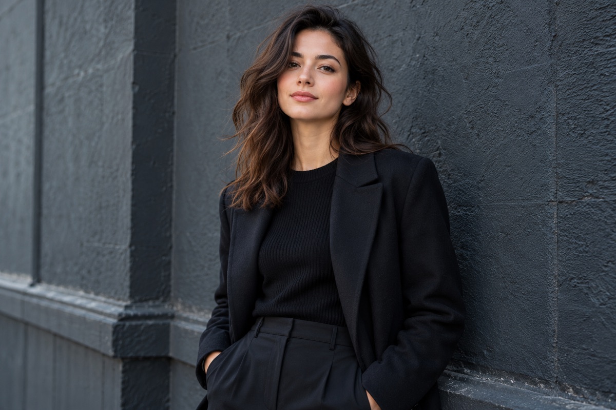 A confident young adult in a dark jacket posing against an urban wall
