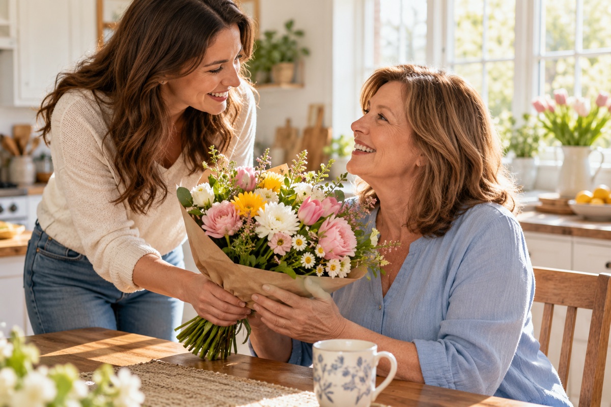 An adult daughter giving her smiling mother a bouquet of flowers